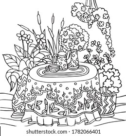 Coloring page antistress with flowers, mug, teapot, vase, tablecloth with patterns.Vector illustration for art therapy, coloring, for greeting cards, posters, stickers, design,wallpaper, tatoo.