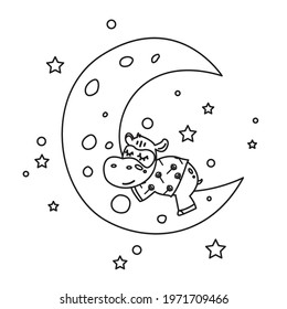 Coloring page antistress. Little hippopotamus sleeping on the moon isolated on a white background.Vector illustration for art therapy, antistress coloring book for adults and children.