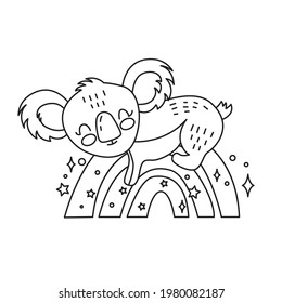 Coloring page antistress. Little сute koala sleeping on a rainbow isolated on a white background. Vector illustration for art therapy, antistress coloring book for adults and children.