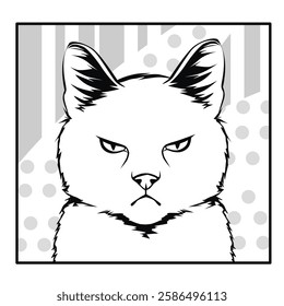 Coloring page. Antistress page.  A portrait of a disgruntled cat in a modern style. Vector illustration. 