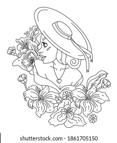 Coloring page antistress. Woman in a hat with a bouquet of flowers. Young beautiful girl. Vector illustration for art therapy, antistress coloring book for adults and children.