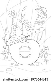 Coloring page. Apple-house in the grass.