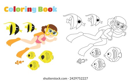 Coloring page. Aquadiver girl swims in a swimsuit and snorkeling equipment with fish. Children's activity in nature.