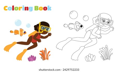 Coloring page. Aquadiver girl swims in a swimsuit and snorkeling equipment. Illustration of a child in cartoon. Children's activity in nature.