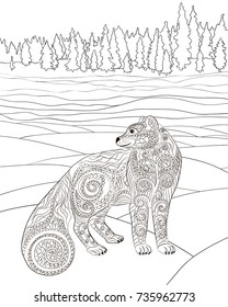 Coloring page with arctic fox for anti stress art therapy. Snow fox for colouring book  in zentangle style. Template for t-shirt, poster or cover. Vector illustration.