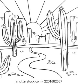 Coloring page with Arizona Desert landscape. Hand drawn black and white line desert with saguaro and opuntia blooming cactus in front of mountains and sunset. Vector linear illustration.