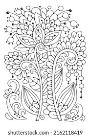 página de colorear, terapia artística. Dibujar un ramo de flores para el coloreo. Fondo floral vectorial negro y blanco.