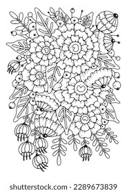 Coloring page, art therapy. Artline a bouquet of flowers for coloring. Black and white floral background.