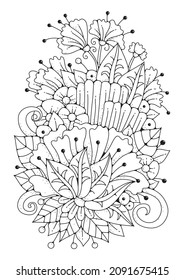 Coloring page, art therapy for children and adults. Large fairy doodle flower for coloring. Art line. Black-white background.