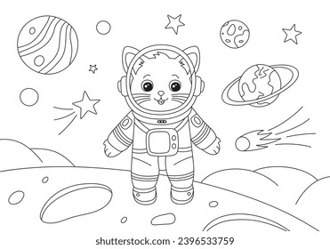 Coloring page with astronaut cat and planets in space. Hand drawn vector contoured black and white illustration. Design template for kids coloring book, poster or postcard.