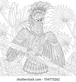 Coloring page of australian cockatoo parrot in tropical jungle forest. Freehand sketch drawing for adult antistress colouring book with doodle and zentangle elements.