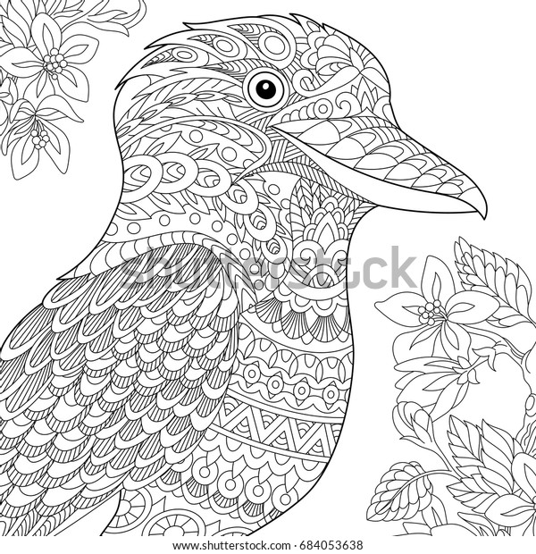 Coloring\
page. Australian kookaburra bird. Freehand sketch drawing for adult\
antistress coloring book in zentangle\
style.
