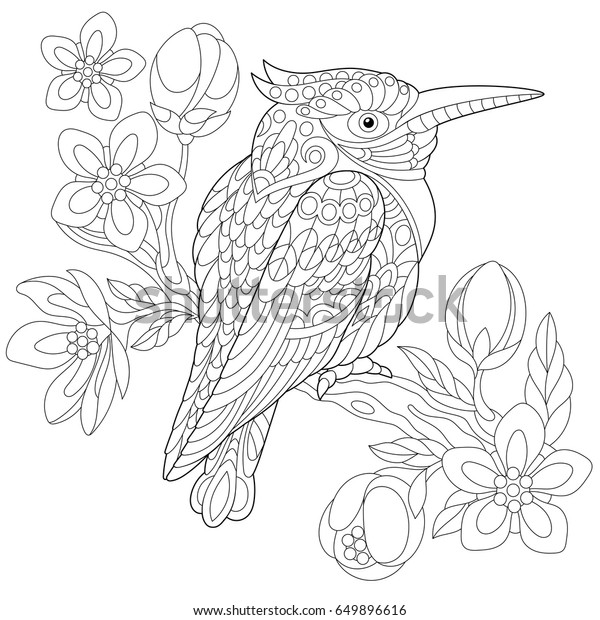 Coloring page of australian kookaburra\
(kingfisher bird) sitting on cherry blossoming tree branch.\
Freehand sketch drawing for adult anti stress coloring book with\
doodle and zentangle\
elements.