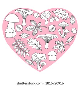 Coloring page with autumn leaves and mushrooms in the shape of a heart . Vector illustration for children and adults