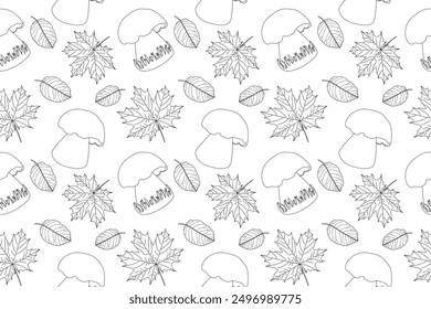 Coloring page with autumn leaves and mushrooms in black and white outline, perfect for fall creativity.