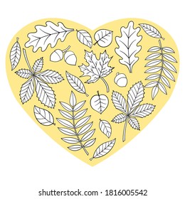 Coloring page with autumn leaves in the shape of a heart . Vector illustration for children and adults