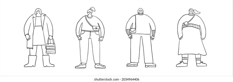 coloring page autumn look 2021. Modern hand drawn fashion illustration. People in trendy apparel.