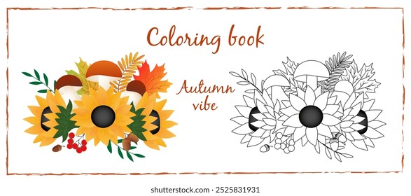 Coloring page with autumn maple and sunflower, acorns, rowan, mushrooms on white background.
