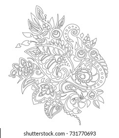Coloring page autumn pattern. Abstract graphic bouquet with berries, leaves and flowers. Zen tangle style