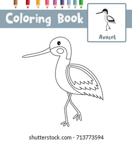 Coloring page of avocet standing in water animals for preschool kids activity educational worksheet. Vector Illustration.