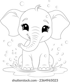 Coloring page of baby elephant splashing in a mud puddle