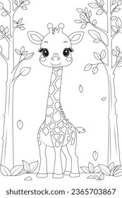 Coloring page a baby giraffe reaching for leaves on a tall tree