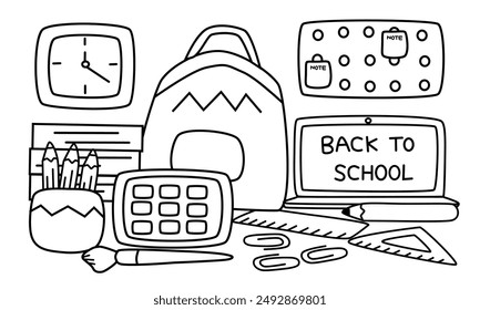 Coloring page with back to school theme. Stationery with doodle style. Coloring book for kids