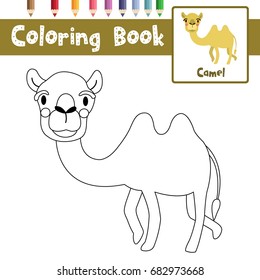 Coloring page of Bactrian Camel animals for preschool kids activity educational worksheet. Vector Illustration.