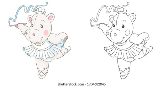 Coloring page with ballerina hippo. Cartoon animal. Clipart set for nursery poster, t shirt print, kids apparel, greeting card, label, patch or sticker. Vector illustration.