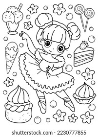 Coloring page with ballerina and sweets. Dancing. Black and white vector illustration.