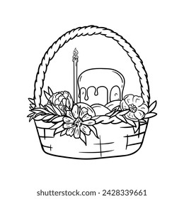 Coloring page with a basket, Easter cake, church candle, flowers and eggs. Black and white vector illustration.