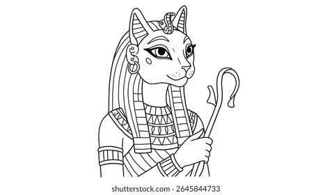 Coloring Page of Bastet the Cat Goddess. Detail Her Cat Head and the Sistrum She Often Holds