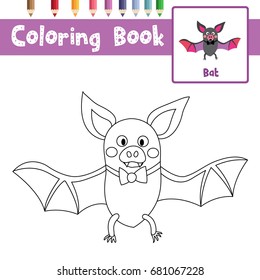 Coloring page of Bat with bow animals for preschool kids activity educational worksheet. Vector Illustration.