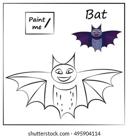 Coloring page bat. Educational for child. Paint me. Halloween violet paint bat. Coloring cartoon book.