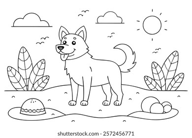 Coloring Page of a Beach Scene with a Happy Dog - Fun Printable for Kids