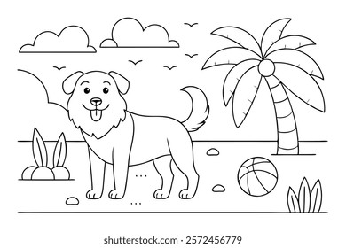 Coloring Page of a Beach Scene with a Happy Dog - Fun Printable for Kids
