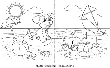 Coloring page of a beach scene with a happy dog. you can print it on 