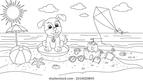 Coloring page of a beach scene with a happy dog. you can print it on 