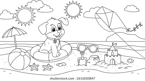 Coloring page of a beach scene with a happy dog. you can print it on 