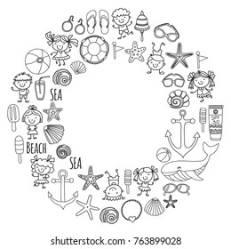 Coloring page Beach set with children Kindergarten or school vacation Small kids, Nursery, Sea, Ocean, Lighthouse. Boys and girls Doodle vector icons and patterns