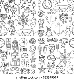 Coloring page Beach set with children Kindergarten or school vacation Small kids, Nursery, Sea, Ocean, Lighthouse. Boys and girls Doodle vector icons and patterns