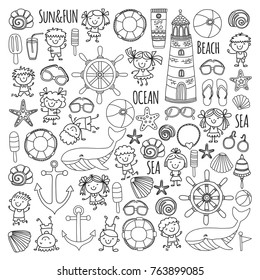 Coloring page Beach set with children Kindergarten or school vacation Small kids, Nursery, Sea, Ocean, Lighthouse. Boys and girls Doodle vector icons and patterns