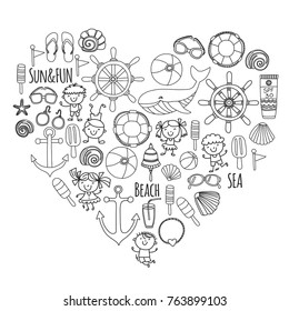 Coloring page Beach set with children Kindergarten or school vacation Small kids, Nursery, Sea, Ocean, Lighthouse. Boys and girls Doodle vector icons and patterns