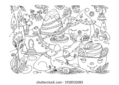 Coloring page. bear and bird. Hand-drawn image.