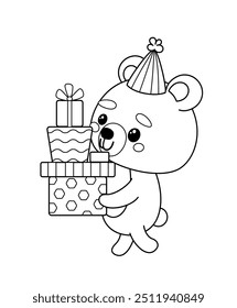 Coloring page. Bear in Birthday and stack of gifts. Black and white bear. Color me. Isolated vector illustration eps 10