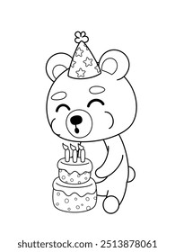 Coloring page. Bear is blowing out the candles on Birthday cake. Black and white bear. Color me. Isolated vector illustration eps 10