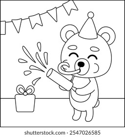 Colorindo página. Urso e fogos de artifício no aniversário. Urso preto e branco. Colorir-me. Ilustração vetorial isolada eps 10