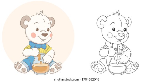 Coloring page and bear   honey  Cartoon animal  Clipart set for nursery poster  t shirt print  kids apparel  greeting card  label  patch sticker  Vector illustration 