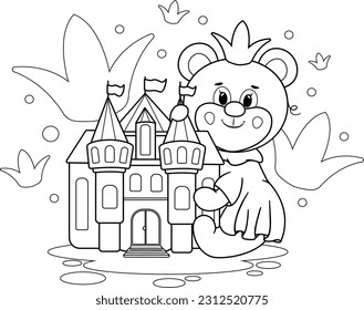 Coloring page. Bear Princess: Magic and joy in a vector illustration of a bear with a crown, dress, and colorful princess castle