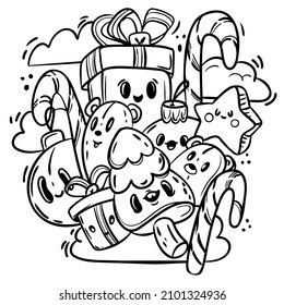 Coloring page with bear, tree, gifts,  candy and bolls in doodle style. Line hand drawn vector illustration. Line art. For children's art, clothing design, wrapping paper, wallpaper, textiles.